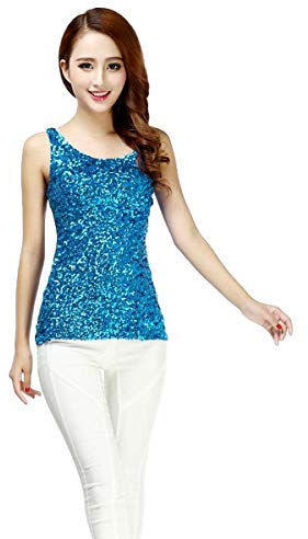 Sparkle Glitter Pailletten Mädchen Weste Ernte Top Gold/Silber/blau/grün/rot Womens Girls Latin Salsa Samba Rave Tanz Festival Party Kleidung Größe 32/34/36/38 (Blau, EU 32-38 Elastische Passform)
