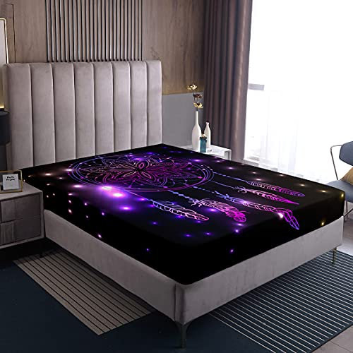 Loussiesd Lila Traumfänger Spannbettlaken Mädchen Frau Böhmen Feder Spannbetttuch 90x200cm Stammes Exotisch Mandala Traumfänger Boxspringbett Bettlaken Kinder Schlafzimmer Dekorative