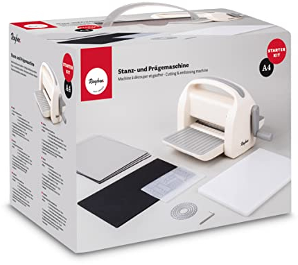 Rayher Stanz-und Prägemaschine A4, mit verschiedenen Stanzplatten und Prägeschablonen, Starter Kit, Öffnung 22,5 cm, 12-tlg., flexibel durch handliche Größe, in praktischer Tragebox, 50275000, Weiß