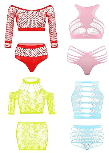 Lingerie en résille pour femme - Bas en dentelle - Body en maille - Nuisette pour femme, Lot de 4 : couleurs vives, taille unique