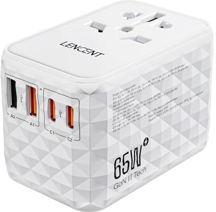 LENCENT 65W Adattatore Universale da Viaggio, Adattatore Presa con 2 USB-A & 3 USB-C, Caricatore Alimentazione Rapida per Telefono Cellulare, Laptop, Spina Internazionale per UK, EU, AUS, USA -Bianco