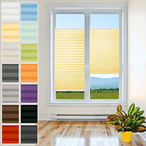 Plissee mit Bohren – Premium Plissee mit Pearl Stoff | Sichtschutz & Sonnenschutz für Fenster | Plisseerollo | Faltrollo | Gelb | 80 x 120 cm