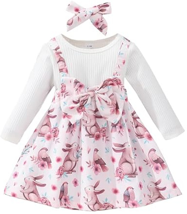 Verve Jelly Bambina da bambina Il mio primo giorno di Pasqua Vestito a maniche lunghe con stampa di coniglietto Gonna Abito da festa da principessa Set di vestiti estivi con fascia