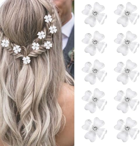 Mezrkuwr 10 x Mini-Haarnadeln mit weißen Blumen und Strass, kleine Haarspangen für die Braut