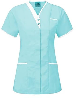 Skywear T25 Healthcare Woman Spa Salon Beautician Cross Neck Tunic Nail Massage Therapist Shirts Top, Eau De Nil with White Trim, Size 28