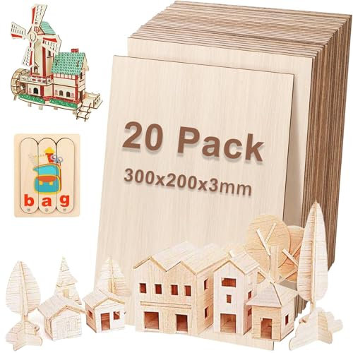 AKOLAFE 20 pannelli in compensato da 3 mm, in legno di balsa, 300 x 200 mm, in legno di tiglio, naturale, A4, per fai da te, artigianato, pittura, progetti scolastici, modello decorativo