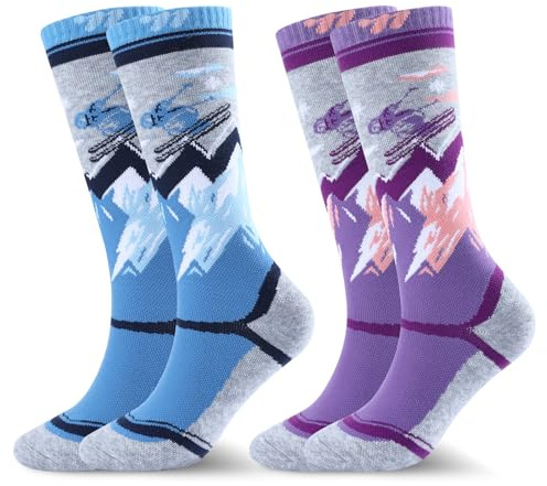 West Biking Kids Ski Socks - 2 Pairs Thick Merino Wool Socks Kids Thermal Socks, Multicolour Ski Socks Kids for Cold Weather Skiing and Hiking, Winter Thermal Socks Kids for 6-15 Years