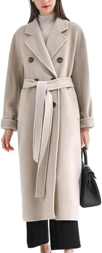 Abrigo de Lana de Doble Botonadura de Invierno para Mujer Gabardina Larga con Solapa de Muesca de Manga Larga (Beige,XL)