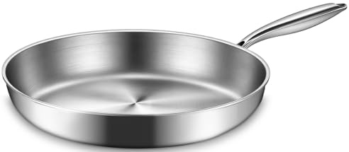 EWFEN 12 Inch Tri-Ply Stainless Steel Frying Pan, Compatible with All Cooktops Up to 600℉, Large Frying Pan Induction-Ready Skillet, Dishwasher and Oven Safe, Even Heat, 12 Skillet