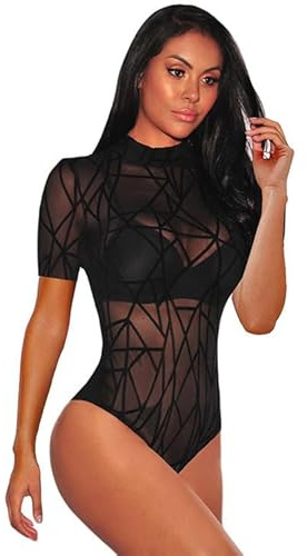 NBBNYJ Body Donna Elegante Pizzo Nero Trasparente Bodysuit Sexy Manica Corta Maglia Intimo Blusa Camicie Top Tuta Gonna Abbigliamento S