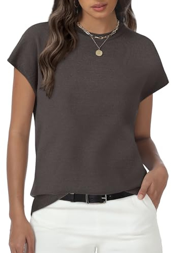 Womens Cap Short Sleeve Sweaters Summer Tops for Women 2025 Ladies Tops and Blouses Work Business Casual Outfits Clothes Loose Fit Plus Size Coffee 2XL
