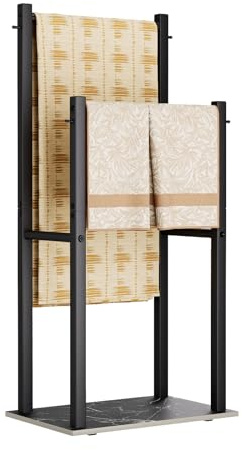 Yawinhe Porte Serviettes, Accessoires de Salle de Bain, Porte-Serviettes sur Pied avec 2 Barres, pour Serviettes de Bain, Vêtements, 39x26x80cm, Noir, SMJ002B-