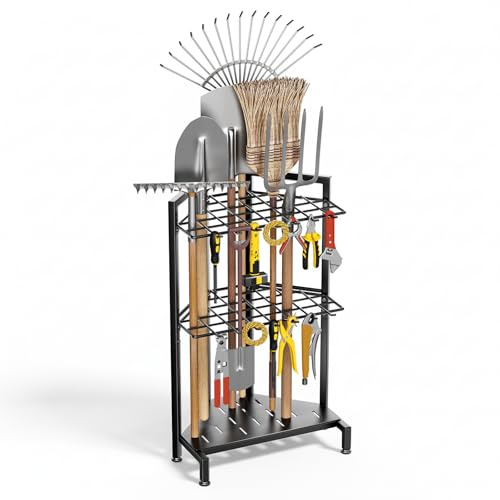 Jradse Porta Attrezzi da Giardino,Organizer per Attrezzi da Giardino,Supporto Metallo con 3 Livelli e Ruote, Conservazioneper Fino a 35 Attrezzi/Scope/Rastrelli a ManicoLungo