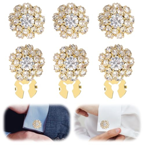 GAZIL Pack de 6 Cubrebotones con Diamante Blanco y Clip, Botones de Perlas Doradas para Mujer, Cubrebotones Desmontables de Cristal para Camisas y Vestidos