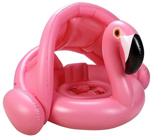 NMM Flamingo Baby Floats with Canopy, Flamingo Pool Float with Back Holder & Wings Airbag, Inflatable Swimming Ring for 6-36 Months Toddler,Water Party Supplies & Decor for Summer - Pink