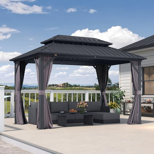 PURPLE LEAF - Cenador de jardín exterior de aluminio, 3,65 x 2,4 m, Pérgola de jardín exterior con doble techo rígido de acero galvanizado, pabellón con cortinas y mosquitero para terraza, barbacoa