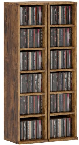 HOMCOM Set de 2 Estanterías para CDs y DVDs 21x22,5x88,5 cm Marrón Rústico | Soportes para CD Estrechos, 12 Compartimentos, Estantes Ajustables, Estanterías para Salón, Oficina