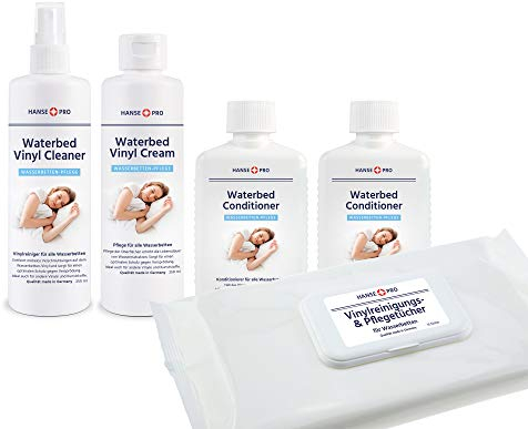 Hanse Pro Großes Pflege-Set für Wasserbett-Matratzen I Wasserbett-Zubehör I Wasser-Matratze I Schutz I Konditionierer I Vinyl-Reiniger I Vinyl-Creme I Reinigungs-Tücher I