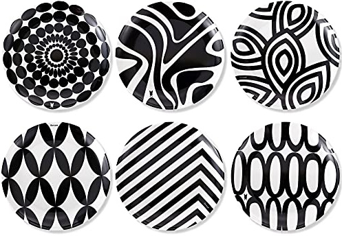 French Bull Melamine Assorted Plates-6 Piece Set -Melamine Dinnerware-Platter, Serving, Party, Platter, Dish (6 Appetizer Plate, Black & White)