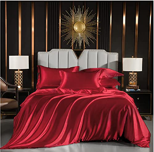 Luofanfei Bettwäsche Rot 220x240 Weinrot Glänzend Satin Seide Glatt Bettwäsche Set Glanzsatin Luxus King Size Einfarbig Polyester Bettbezug Doppelbett Set und Kissenbezüge 80x80 cm