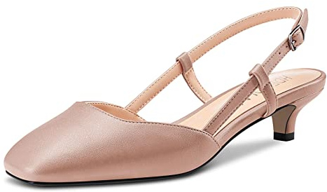 HDEUOLM Femmes Bas Kitten Talon Heel Ouvert Carré Bout Slingback Slip-on Escarpins Cute Dress 3.5 CM Heels Sandales Beige 40 EU