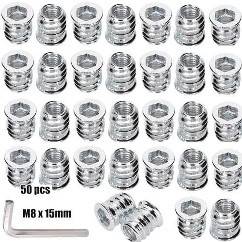 CRLYLC 50 tuercas roscadas M8 x 15 mm, inserción roscada de madera, manguitos roscados, casquillo de rosca de aleación de zinc, tuerca hexagonal, rosca para muebles de madera