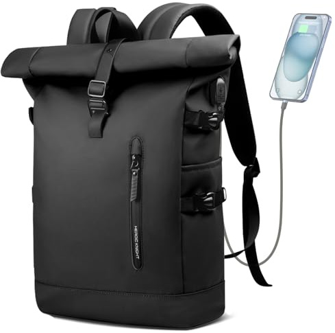 Sac à dos avec dessus enroulable avec compartiment pour ordinateur portable de 40 cm, imperméable, antivol, pour homme et femme, extensible de 18 à 27 L, noir