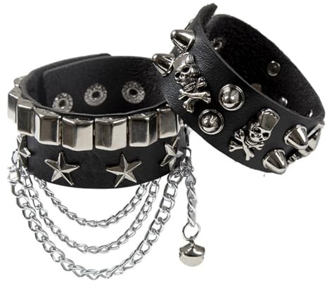 Fenglin-joy Punk Rock Armband, 2 Stück Punk Armband Nieten Gothic Punk Nietenarmband PU Lederarmband für Männer Frauen Größe einstellbar (Schwarz)