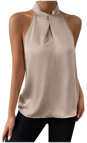Halter Neck Tank Tops for Women Elegant Plain Summer Satin Vest Casual Loose Camisole Tops Lightweight Regular Tee Ladies Sleeveless Business Office Work Top Beige