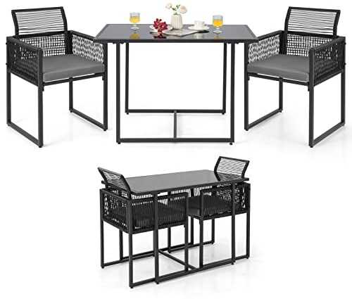LIFEZEAL Set Giardino da Esterno in Rattan PE, Divanetto con Cuscini Rimovibili e Tavolo in Vetro Temperato, Poltrone da Giardino con Tavolino, Salottino per Balcone e Terrazza, Poltrone per Pranzo