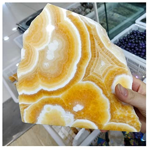 AUOQKQUT Tranche de Pierre glacée en Or Naturel, Tranche de Cristal, spécimen d'ameublement, Plaque de Quartz Calcite, décor de Salon, Moedern yuebang décoration d'intérieur(Size:650-800g One)