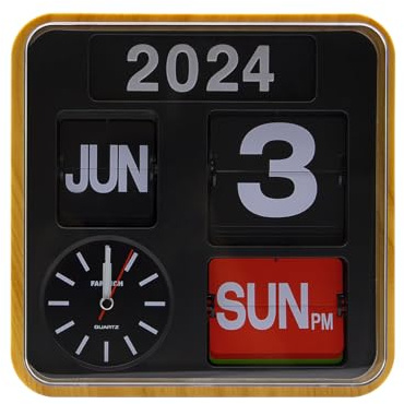 Itigoitie Retro Modern 9.45 Inches Calendar Day Date Flip Desk Wall Clock (Wood Grain)(No Battery Included)