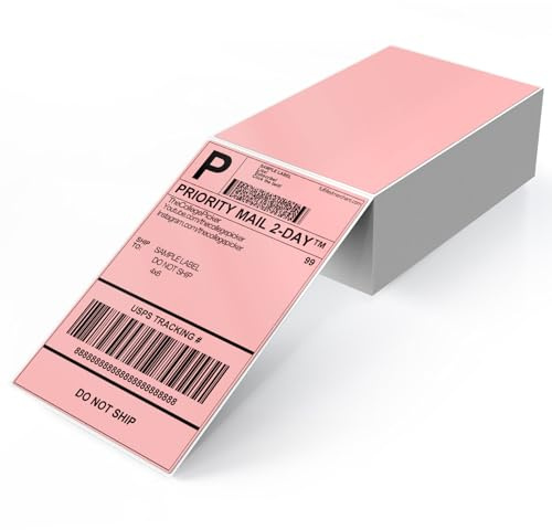 YIKIADA Pink Direct Thermal Labels 150 × 100 MM Vinyl Self-Adhesive Fanfold Shipping Stickers Waterproof Perforated Printer Decal for Office Warehouse Home Pack of 250