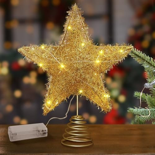 Stella Di Natale, Puntale Luminoso per Albero 25 x 20cm, in Ferro Oro - Decorazioni Natalizie