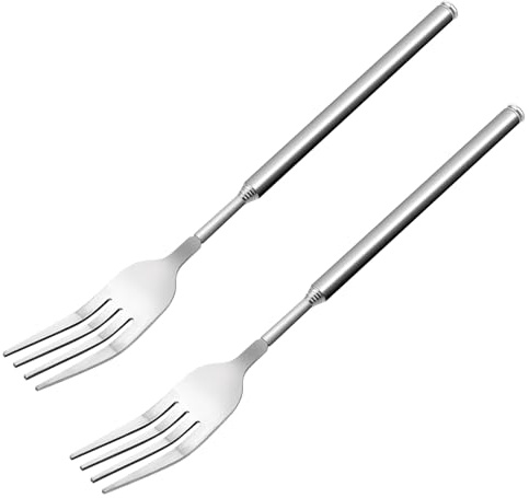 2 stycken expanderbara gafflar i rostfritt stål, teleskopgaffel, 63 cm lång, infällbar gaffel, dessertgaffel, grill, 22–63 cm