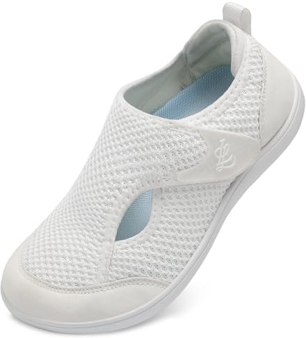 JOINFREE Women’s Wide Fit Barefoot Walking Shoes – Zero Drop Comfort Trainers with Adjustable Strap, Breathable Non-Slip Casual Shoes for Swollen or Sensitive Feet White 6 UK