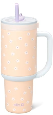 Ello Oasis 30 oz Tumbler with Handle & Retracting Straw | Reusable Insulated Stainless Steel Cup 100% Leakproof, Gifts for Teens Women Men | Keeps cold for 24 Hours, Cup Holder Friendly, Daisies
