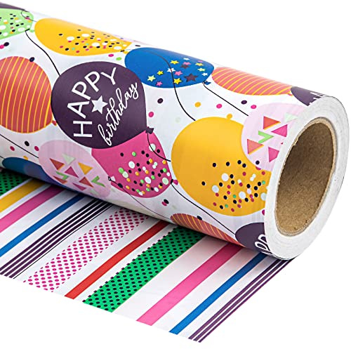 RUSPEPA Vändbart omslagspapper för födelsedag – minirulle – 43,2 cm x 10 m – färgglad ballong med konfettidesign för födelsedag, fest, babyshower