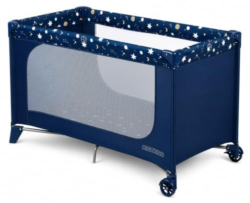 Ricokids Resesäng baby med madrass, hopfällbar barnresesäng, bärväska 125 x 65 x 78 cm, mörkblå med stjärnor
