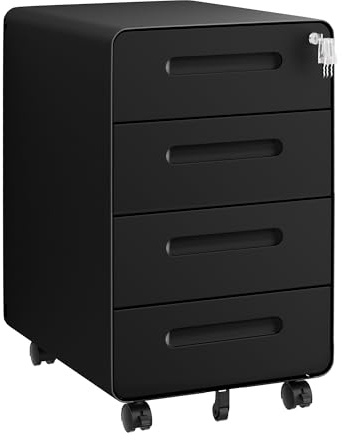 HOMSTEEL Rollcontainer, Mobiler Aktenschrank mit Schloss, Abgerundeten Ecken, 4 Schlüssel, 4 Schubladen, Büroschrank aus Metall, Bereits Vormontiert, für Büro, Heimbüro, 46T x 40B x 64H cm, Schwarz