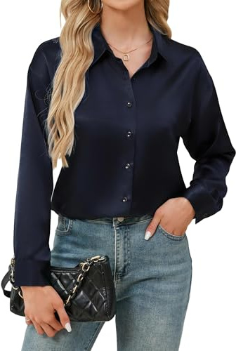 Stamain Women's Silk Blouse Satin Long Sleeve Button Down Plain Shirt Casual Office Business Top