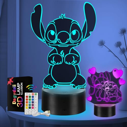 2 Pezzi Stitch Lampada - Stitch Luce Notturna Bambini - 16 Colori Lamp Stitch Intelligente Con Telecomando a 3D LED Illusione Idea Regalo di Natale Stitch Decorazione Per la Camera dei Bambini