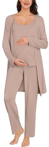 SWOMOG Maternity Pajamas Set 3 PCS Nusing Pajamas Labor and Delivery Gown & Camisole & Pants Postpartum Pjs Ecru Medium