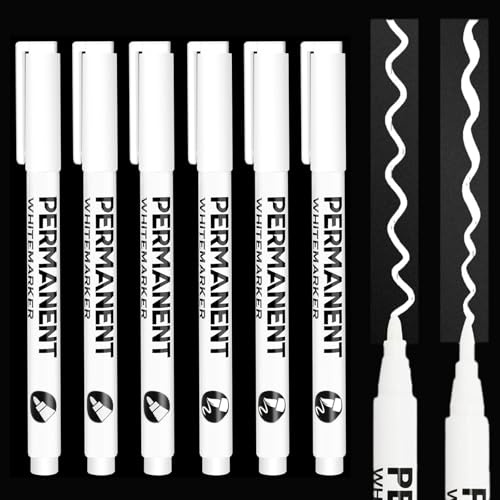 6 stylos marqueur blanc permanent,stylo blanc Indelibile Pointe Fine 0,5-5mm,Imperméable et à séchage rapide,Feutre Acrylique Imperméable pour papier noir, bois, verre, métal, toile,pneus