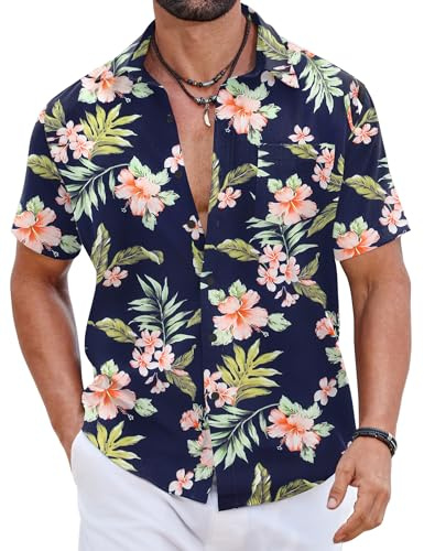 COOFANDY Chemises Hawaïennes Homme 100% Coton, Chemises Été Manches Courtes Boutonnées, Tops Tropicaux Plage Coupe Standard PAT5 M