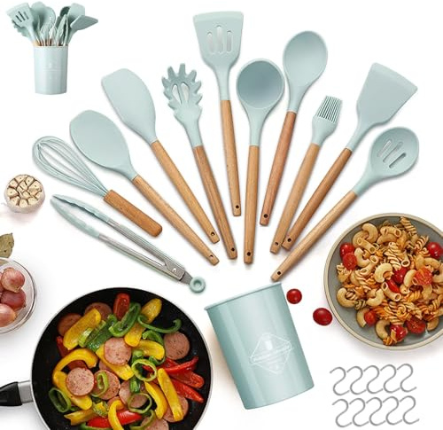 Set 22 Pezzi Utensili Cucina in Silicone con Manico in Legno – Antiaderenti Resistenti al Calore Con 10 S-Hook e Porta Mestoli Utensili da Cucina Spatole e Mestoli Facili da Pulire(Verde)