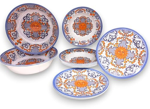 Set di Stoviglie in Melamina - 15 Pezzi, 3 Fantasie Disponibili - 6 Piatti Piani, 6 Piatti Fondi, 3 Insalatiere - Leggero, Durevole, Lavabile in Lavastoviglie, BPA Free (Melamina, Taormina)
