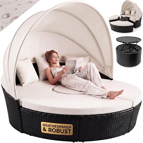 CASARIA® 185cm Garden Sun Island Lounger Set with Roof Canopy & Telescopic Table | Weatherproof Polyrattan 2 Person Relax Sunlounger Furniture | Outdoor Balcony Patio Deck | Black/Cream