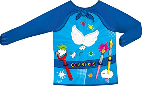 Maped 8201410 Tablier de Protection Peinture Color'Peps SUPER HEROS pour Enfants de 4 à 8 ans, de 102 à 128 cm - Facile à Mettre et à Laver Bleu à Motifs, Noir