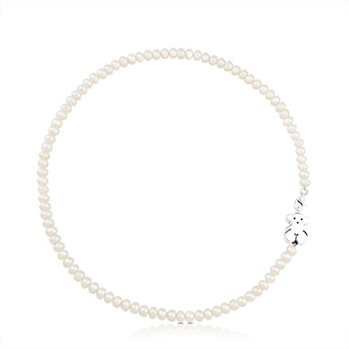 TOUS Collar de Plata de Primera Ley para Mujer con Perlas cultivadas y Motivo del Oso, 44,5 cm de Largo, Atemporal y Versátil, Colección Sweet Dolls